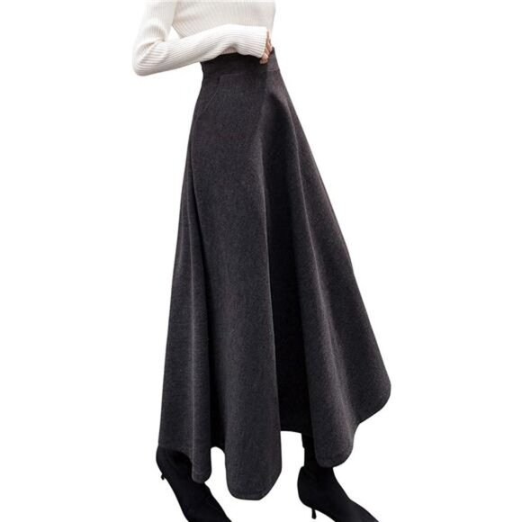 Women's Fall Winter A-Line Swing Pleated Long Maxi Wool Skater Skirt